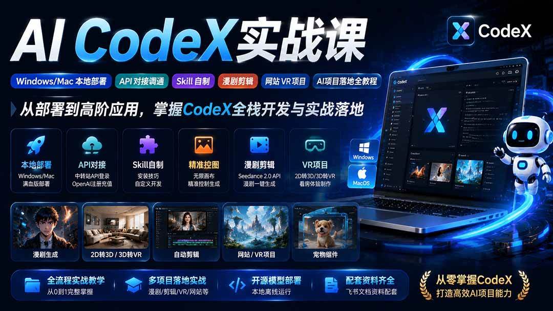 (19769期)AI CodeX实战课|Windows/Mac 本地部署|API 对接调通|Skill 自制|漫剧剪辑|网站 VR 项目|AI项目落地全教程-邪修侠