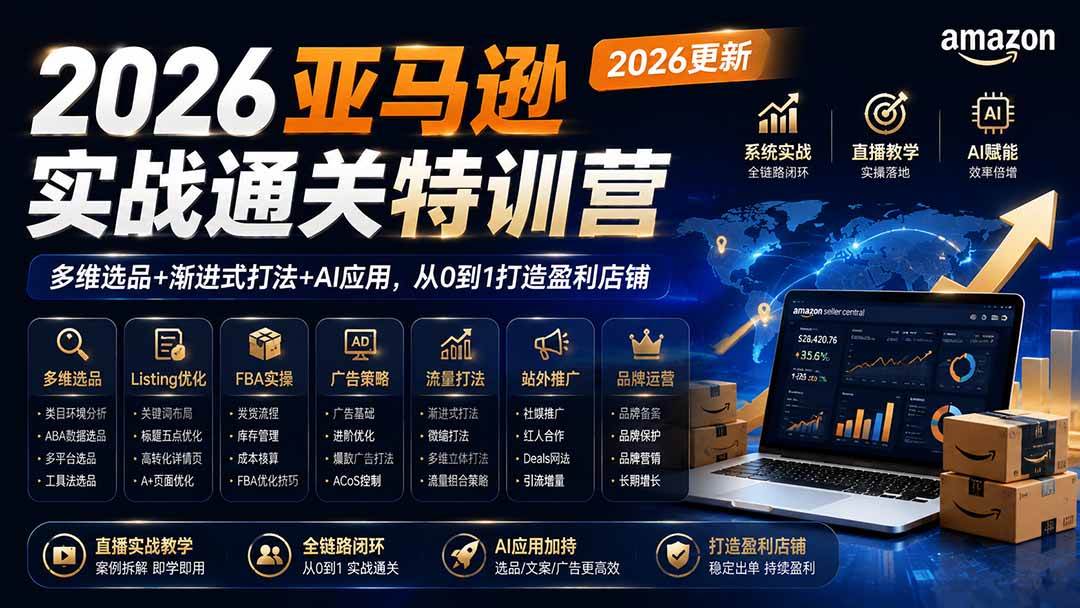 （19768期）2026亚马逊实战通关特训营-2026更新，多维选品+渐进式打法+AI应用，从0到1打造盈利店铺