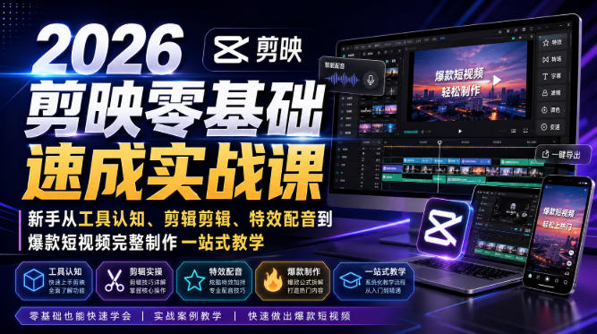 2026剪映零基础速成实战课｜新手从工具认知、剪辑剪辑、特效配音到爆款短视频完整制作一站式教学-怪兽网创俱乐部