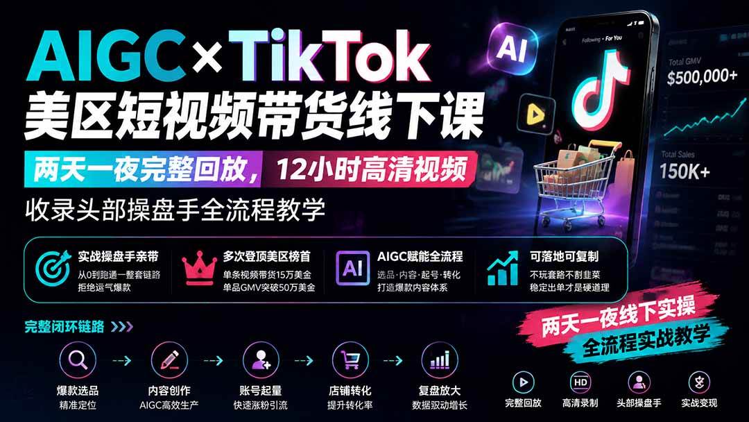 (19778期)AIGC×TikTok美区短视频带货线下课;两天一夜完整回放,12小时高清视频收录头部操盘手全流程教学-小栈博客测试网