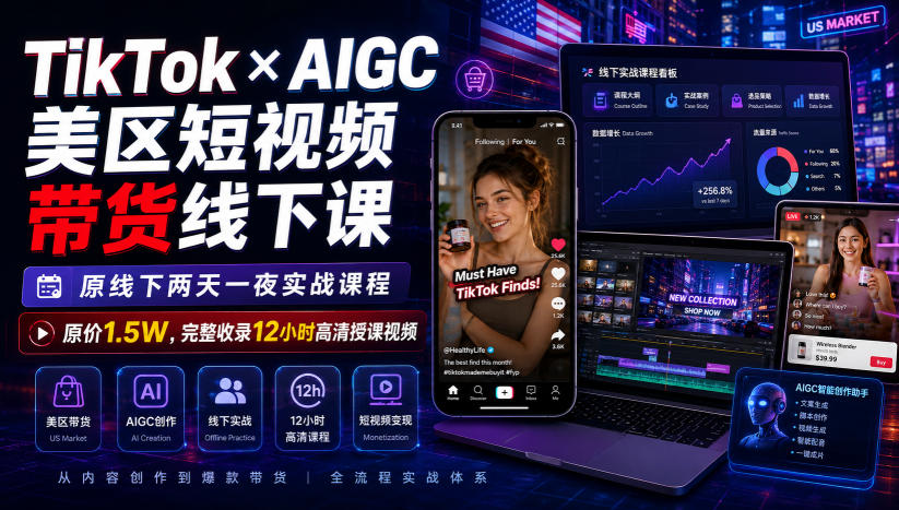 TikTok×AIGC美区短视频带货线下课，原线下两天一夜实战课程，原价1.5W，完整收录12小时高清授课视频-怪兽网创俱乐部