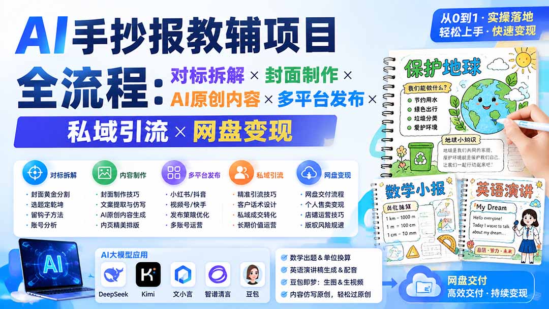 AI手抄报教辅项目全流程:对标拆解×封面制作×AI原创内容×多平台发布×私域引流×网盘变现-程拾网络