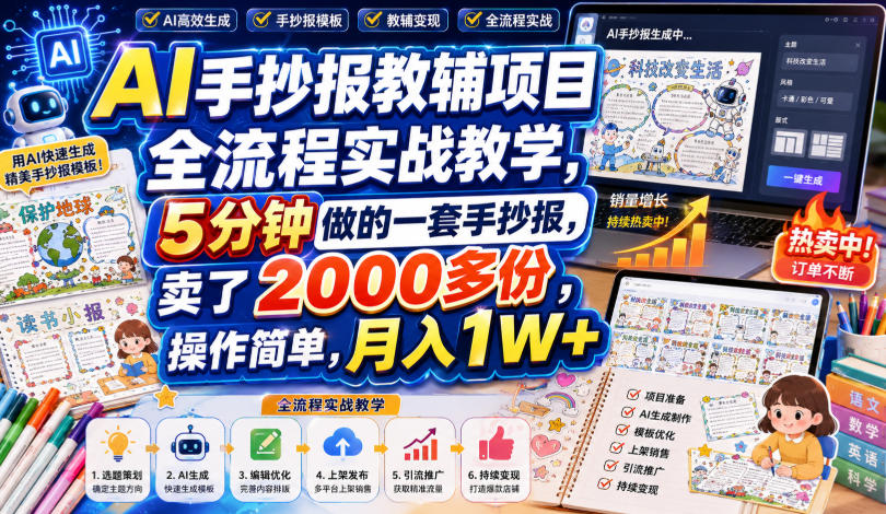 AI手抄报教辅项目全流程实战教学，5分钟做的一套手抄报，卖了2000多份，操作简单，月入1W+-创业资源网