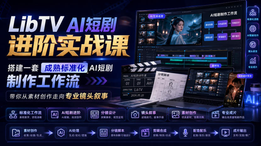AI短剧制作工作流实战课：学习LibTV AI技术，打造专业镜头叙事，一站式提升短剧创作水平 - 趣客盟