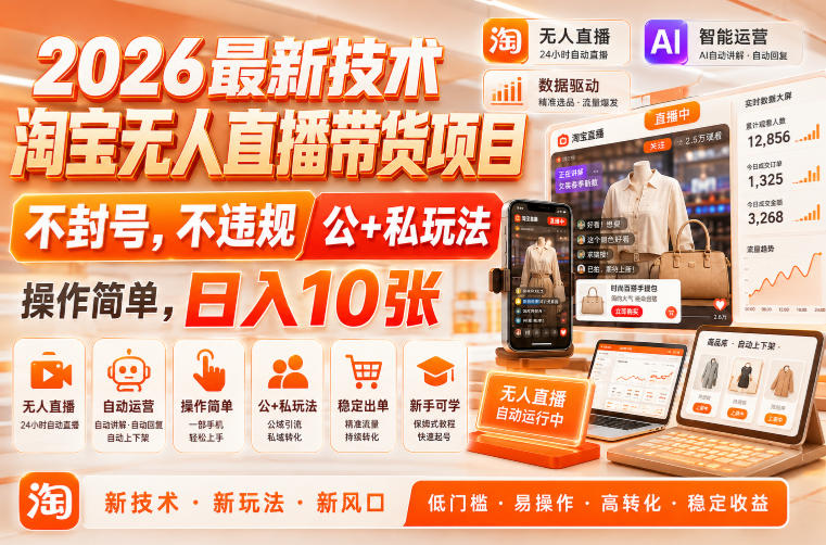 2026最新技术,淘宝无人直播带货项目,不封号,不违规,公+私玩法,操作简单,日入10张【揭秘】-邪修侠 - 演示