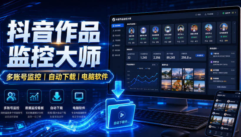 抖音作品监控大师，多账号监控丨自动下载丨电脑软件-多课资源站