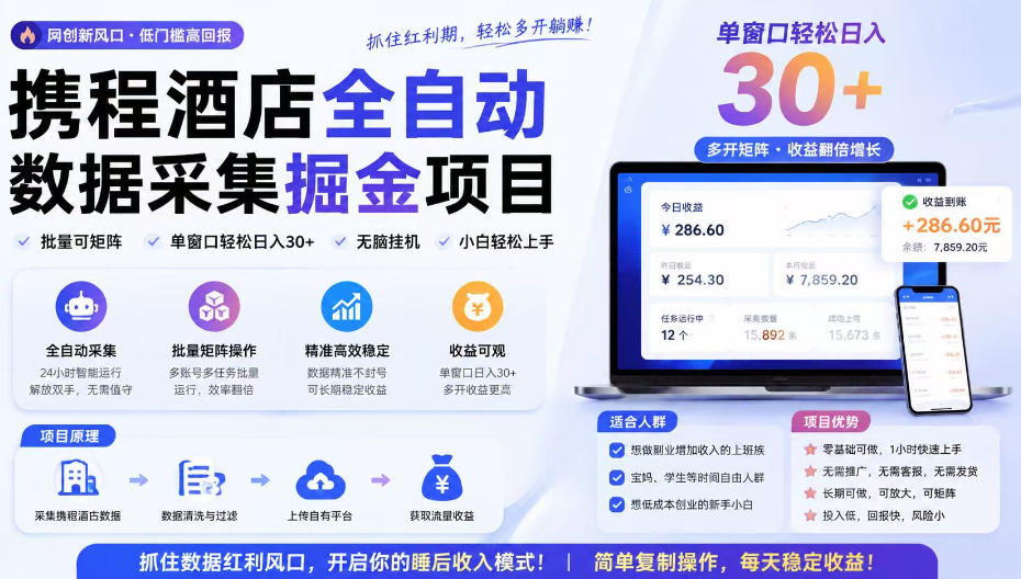 携程酒店采集挂G项目，批量可矩阵，单机轻松日入300+，开启你的睡后收入模式!【揭秘】-奇点库