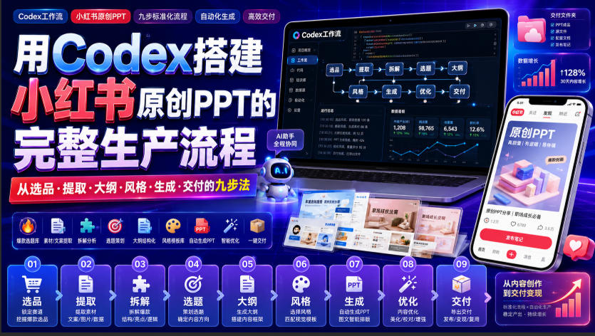 用Codex搭建小红书原创PPT的完整生产流程，从选品·提取·大纲·风格·生成·交付的九步法-多课资源站