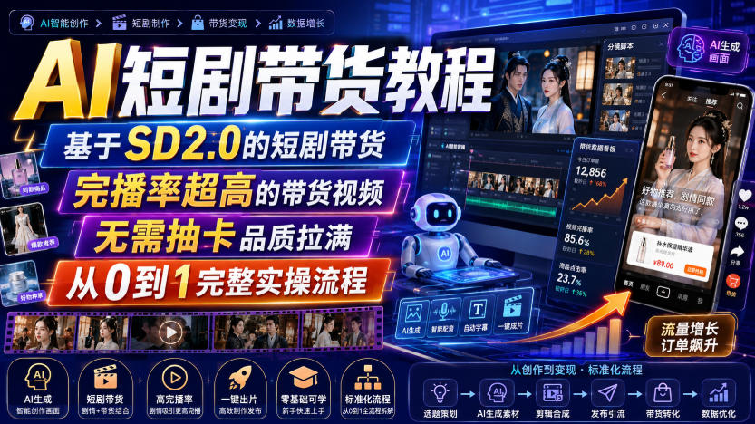 AI短剧带货教程，基于SD2.0的短剧带货，完播率超高的带货视频，无需抽卡品质拉满，从0到1完整实操流程-奇点库