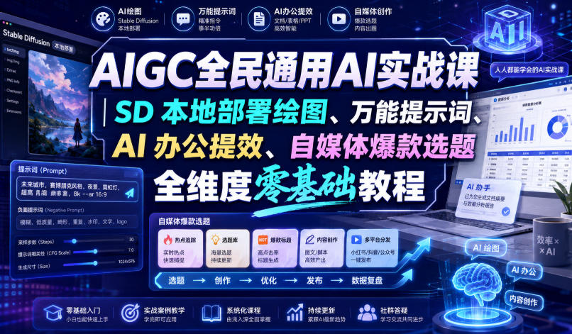 AIGC全民通用AI实战课｜SD本地部署绘图、万能提示词、AI办公提效、自媒体爆款选题全维度零基础教程-多课资源站