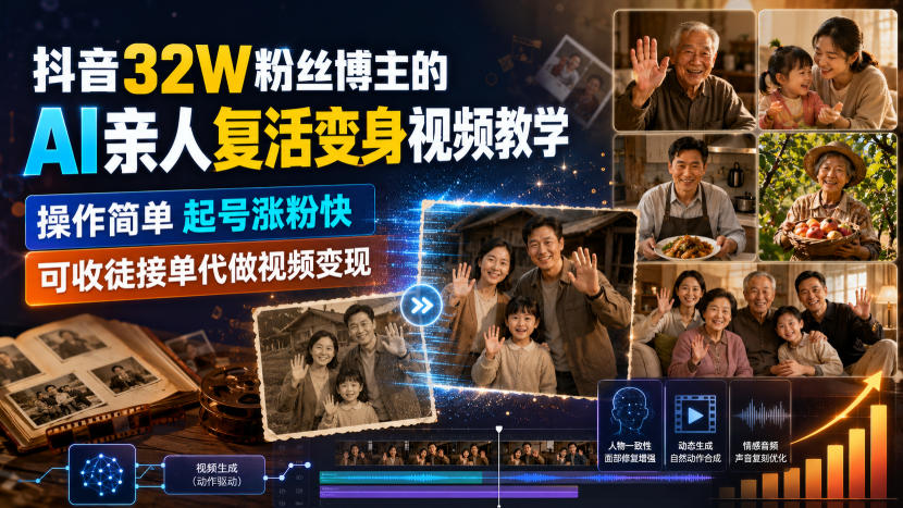 抖音32W粉丝博主的AI亲人复活变身视频教学，操作简单，起号涨粉快，可收徒接单代做视频变现-多课资源站
