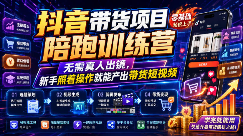 抖音带货项目陪跑训练营，无需真人出镜，新手照着操作就能产出带货短视频(更新0811)-多课资源站