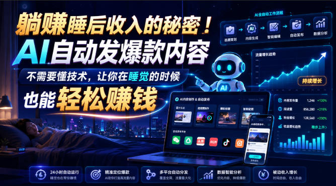 躺賺睡后收入的秘密！AI自动发爆款内容，不需要懂技术，让你在睡觉的时候也能轻松賺钱【原创双语字幕】-奇点库