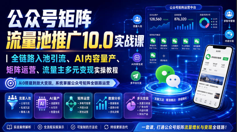 公众号矩阵流量池推广10.0实战课｜全链路入池引流、AI内容量产、矩阵运营、流量主多元变现实操教程-多课资源站