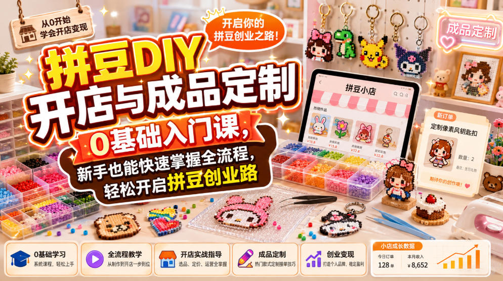 拼豆DIY开店与成品定制0基础入门课,新手也能快速掌握全流程,轻松开启拼豆创业路-邪修侠