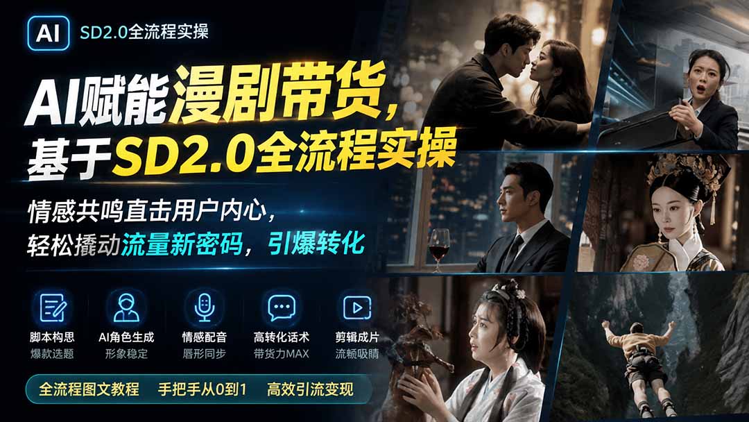 AI赋能漫剧带货，基于SD2.0全流程实操；情感共鸣直击用户内心，轻松撬动流量新密码，引爆转化-奇点库