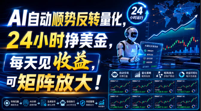 AI自动顺势反转量化，24小时挣美金，每天见收益，可矩阵放大！【揭秘】-多课资源站