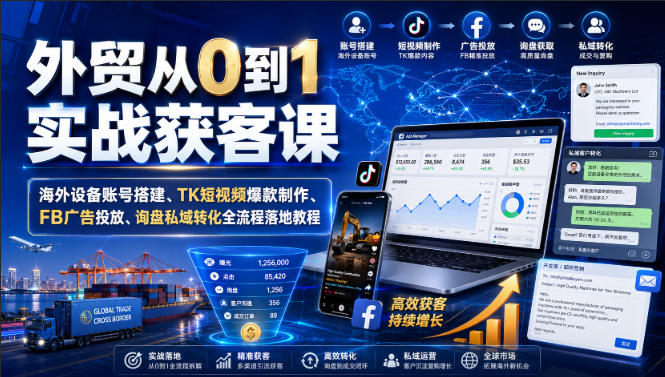 外贸从0到1实战获客课｜海外设备账号搭建、TK短视频爆款制作、FB广告投放、询盘私域转化全流程落地教程-多课资源站