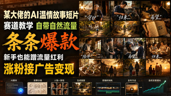 某大佬的AI温情故事短片赛道教学，自带自然流量，条条爆款，新手也能蹭流量红利，涨粉接广告变现-多课资源站