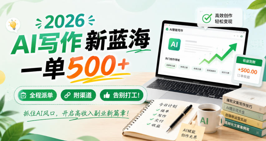 2026 AI写作新蓝海，一单500+，全程派单，附渠道，告别打工！【揭秘】-多课资源站