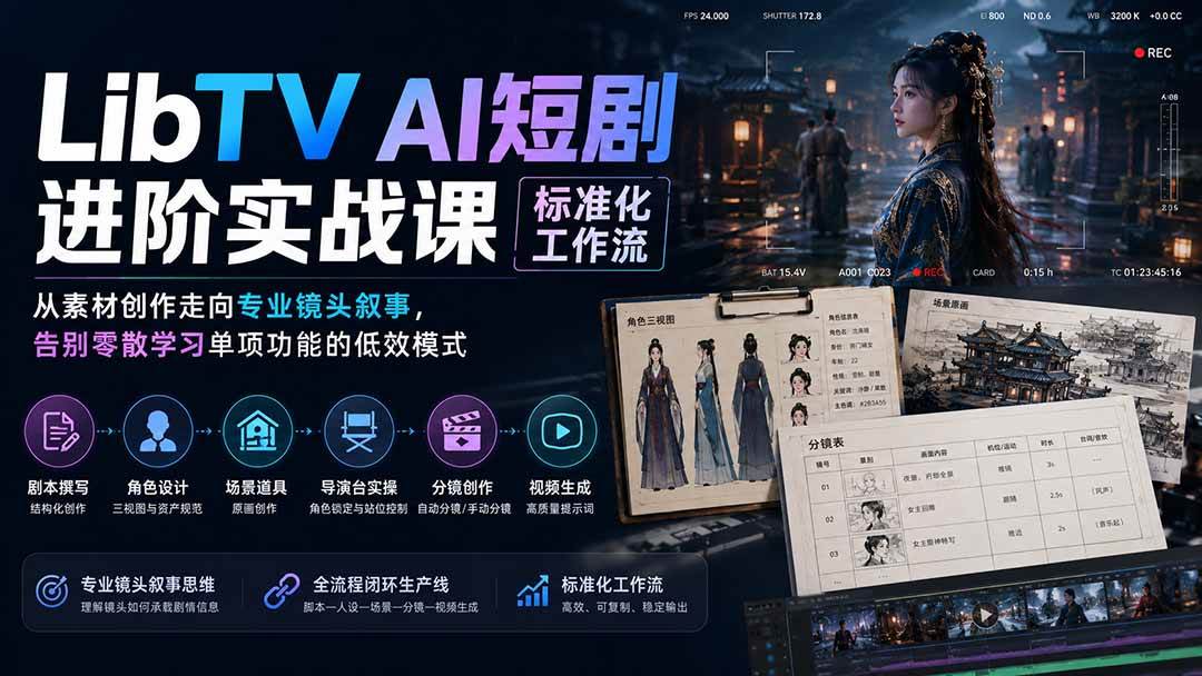 （19836期）LibTV AI短剧进阶实操课标准化工作流；从素材创作走向专业镜头叙事，告别零散学习单项功能的低效模式-小栈博客测试网