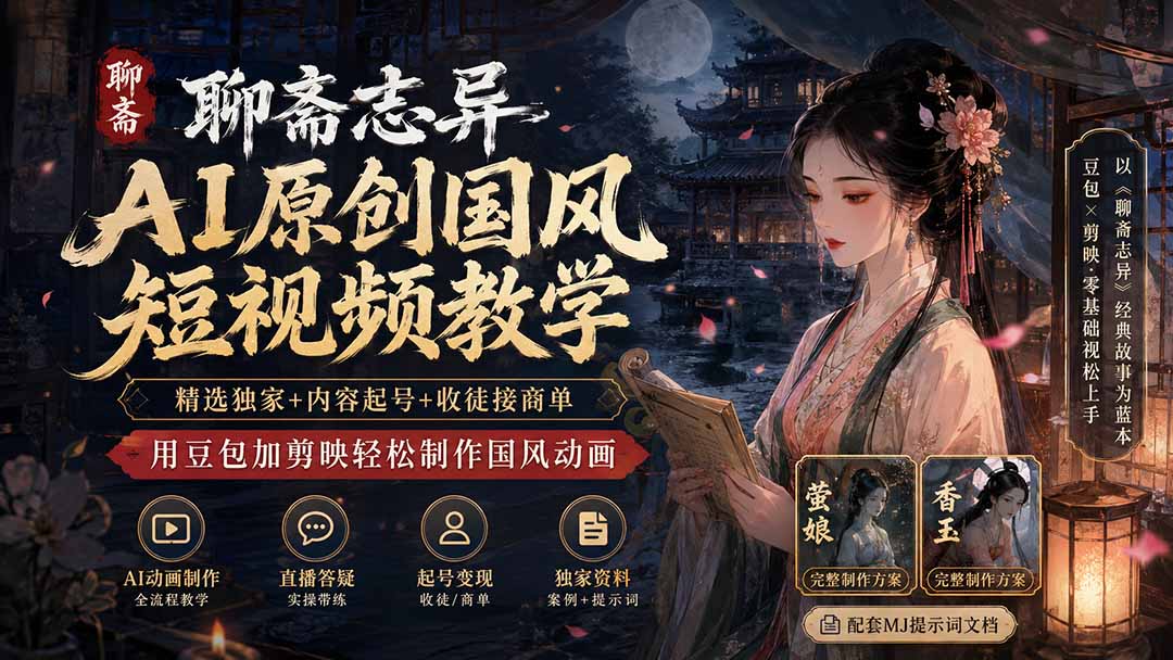 聊斋志异AI原创国风短视频教学；精选独家+内容起号+收徒接商单，用豆包加剪映轻松制作国风动画-多课资源站