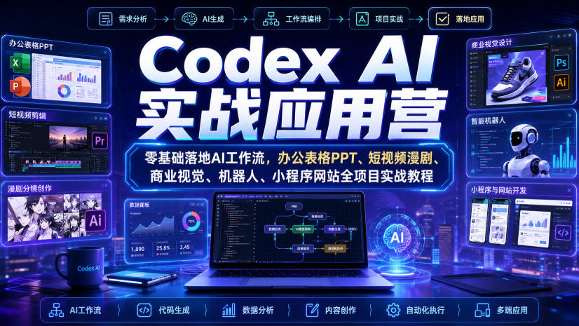 Codex AI实战应用营｜零基础落地AI工作流，办公表格PPT、短视频漫剧、商业视觉、机器人、小程序网站全项目实战教程-奇点库