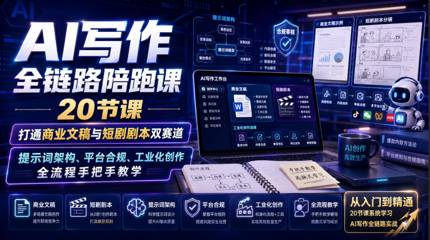 AI写作全链路陪跑课｜20节课打通商业文稿与短剧剧本双赛道，提示词架构、平台合规、工业化创作全流程手把手教学-多课资源站