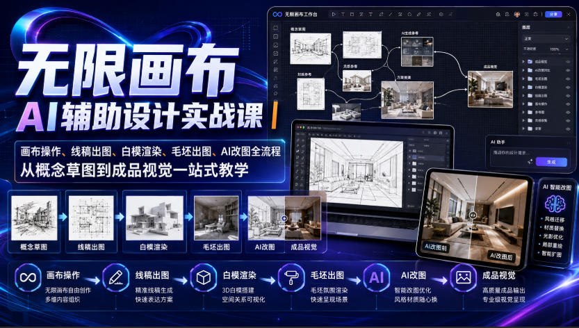 无限画布AI辅助设计实战课｜画布操作、线稿出图、白模渲染、毛坯出图、AI改图全流程，从概念草图到成品视觉一站式教学-多课资源站