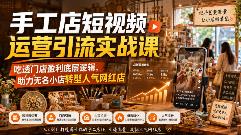 手工店短视频运营引流实战课，吃透门店盈利底层逻辑，助力无名小店转型人气网红店-多课资源站