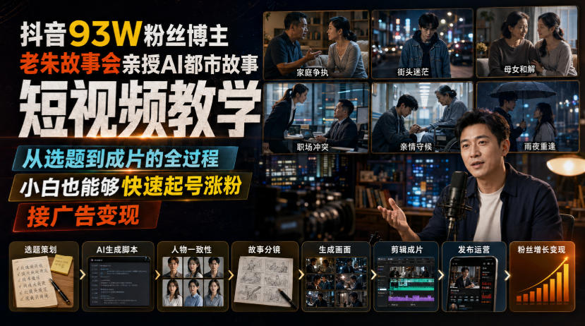 抖音93W粉丝博主老朱故事会亲授AI都市故事短视频教学,从选题到成片的全过程,小白也能够快速起号涨粉接广告变现-邪修侠