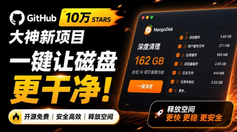 在Gtihub上做出10万stars的大神，又发布新项目了！一键让磁盘更干净，开源免费清理工具MangoDisk-多课资源站