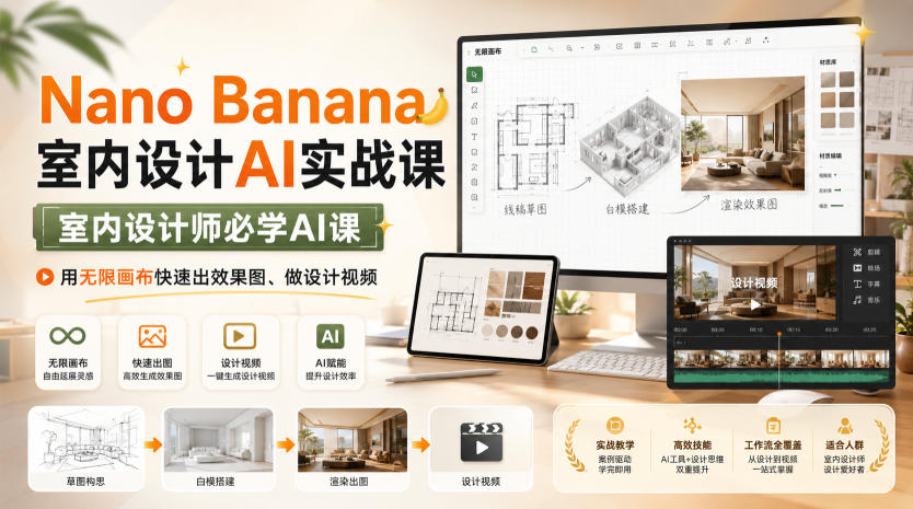 Nano Banana室内设计AI实战课，室内设计师必学AI课，用无限画布快速出效果图、做设计视频-多课资源站