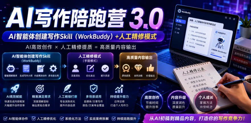 AI写作陪跑营3.0，Ai智能体创建写作skill(workbuddy)+人工手写模式(手搓模式)，去除AI痕迹(头条号、公众号、百家号)(更新0814)-多课资源站