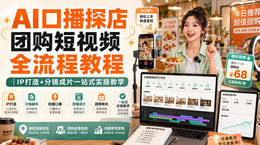 AI口播探店团购短视频全流程教程｜IP打造+分镜成片一站式实操教学-小白项目网