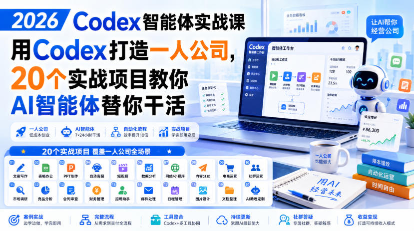 2026 Codex智能体实战课，用Codex打造一人公司，20个实战项目教你AI智能体替你干活-小白项目网