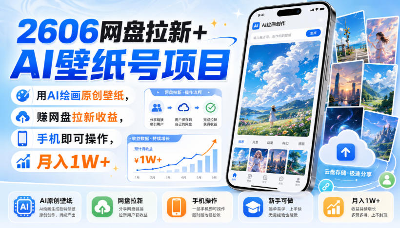 2606网盘拉新+AI壁纸号项目，用AI绘画原创壁纸，賺网盘拉新收益，手机即可操作，月入1W+-多课资源站