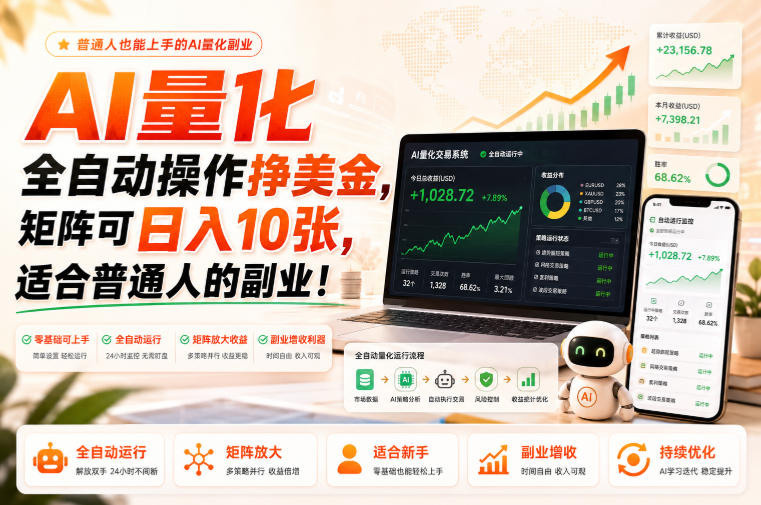 AI量化全自动操作挣美金，矩阵可日入10张，适合普通人的副业！【揭秘】-多课资源站