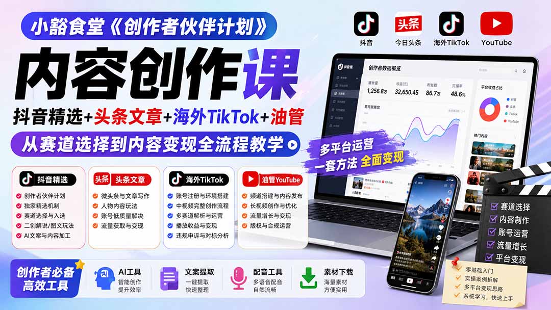 小豁食堂《创作者伙伴计划》内容创作课：抖音精选+头条文章+海外TikTok+油管，从赛道选择到内容变现全流程教学-网创百晓生