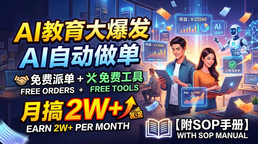 AI教育大爆发，AI自动做单，免费派单+免费工具，月搞2W+【附SOP手册】-网创百晓生
