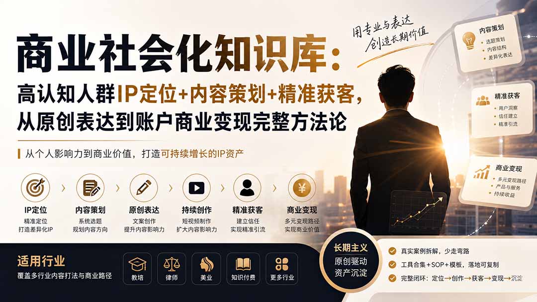 商业社会化知识库：高认知人群IP定位+内容策划+精准获客，从原创表达到账户商业变现完整方法论-网创百晓生