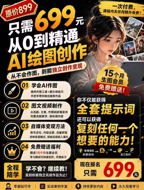 抖音10W粉丝博主的AI绘图教学，从0到精通AI绘图创作，从不会作图到能独立创作变现-90网
