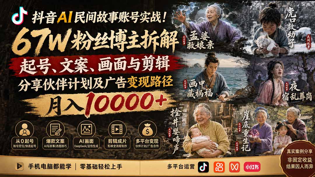 抖音AI民间故事账号实战!67W粉丝博主拆解起号、文案、画面与剪辑,分享伙伴计划及广告变现路径,月入10000+-网创百晓生