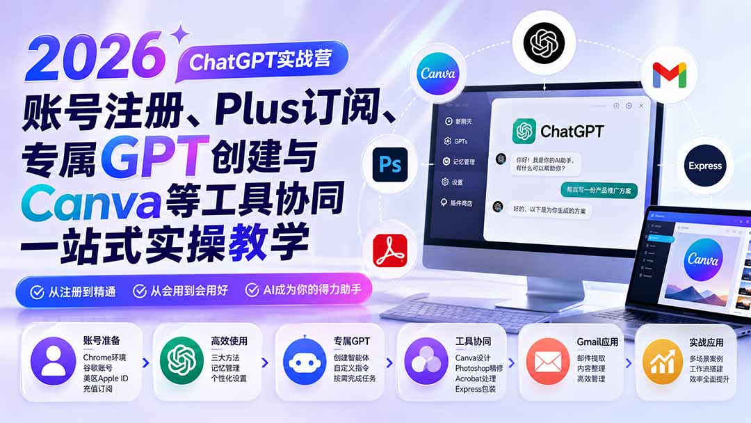 2026 ChatGPT实战营;账号注册、Plus订阅、专属GPT创建与Canva等工具协同一站式实操教学-网创百晓生