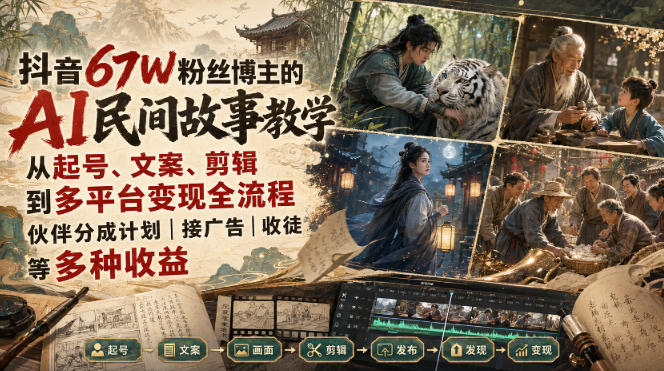 抖音67W粉丝博主的AI民间故事教学,从起号、文案、剪辑到多平台变现全流程,伙伴分成计划接广告等多种收益,月入1W+-90网