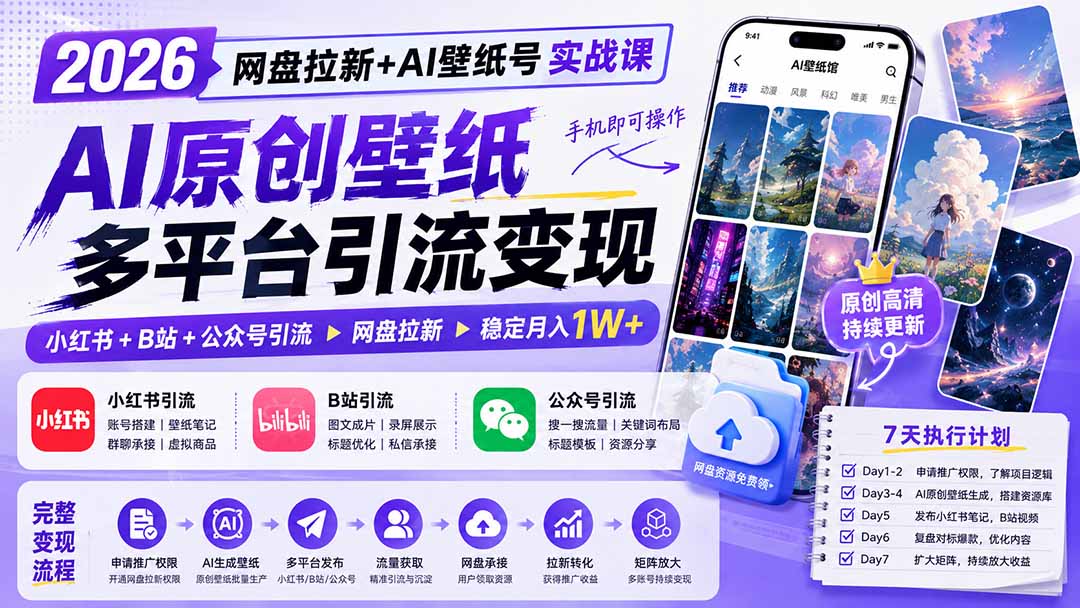 2026网盘拉新+AI壁纸号实战课:AI原创壁纸+小红书+B站+公众号引流,手机即可操作,月入1W+-网创百晓生