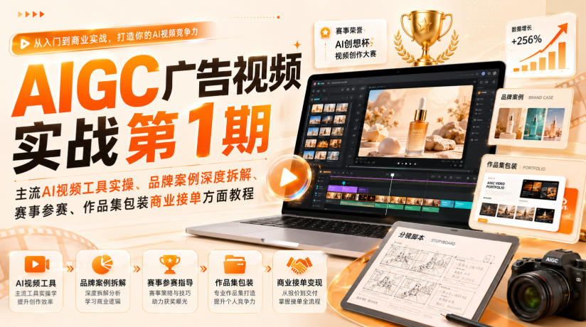 AIGC广告视频实战第1期，主流AI视频工具实操、品牌案例深度拆解、赛事参赛、作品集包装商业接单方面教程-怪兽网创俱乐部