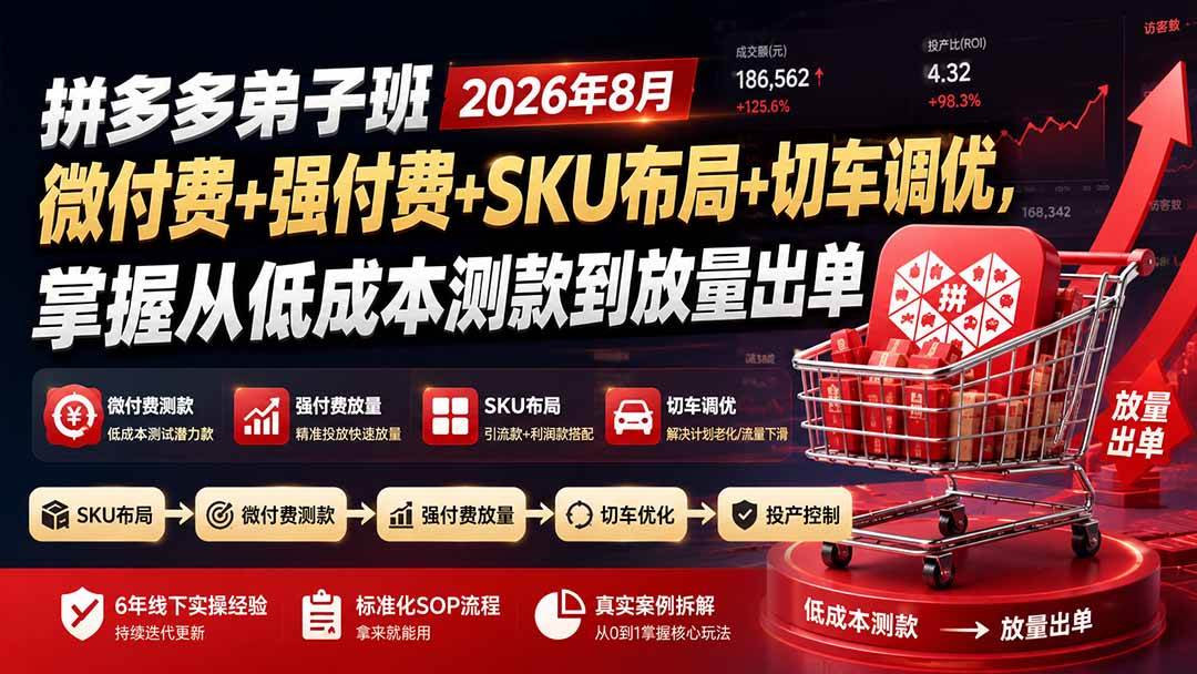 （19746期）拼多多弟子班2026年8月：微付费+强付费+SKU布局+切车调优，掌握从低成本测款到放量出单-小白项目网