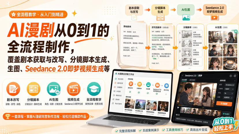 AI漫剧从0到1的全流程制作，覆盖剧本获取与改写、分镜脚本生成、角色场景生图与三视图、Seedance 2.0即梦视频生成(PDF版)-怪兽网创俱乐部
