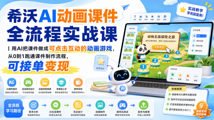 希沃AI动画课件全流程实战课｜用AI把课件做成可点击互动的动画游戏，从0到1跑通课件制作流程，可接单变现-怪兽网创俱乐部
